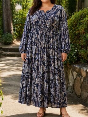 NWT Kaffe Curve Paisley Print Midi Dress US 22 Plus Size Boho Flowy Long Sleeve